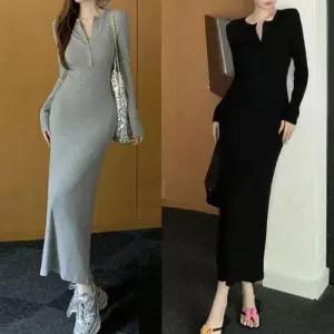 [의류] 헨리넥 트임 골지니트 스판 롱원피스