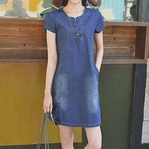 [라일리여성의류] Rly 반팔 미디 원피스 여름 반팔 생지 데님 청치마