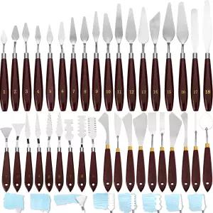 Lasnten 37개 팔레트 나이프 세트 스테인리스 스틸 페인트 주걱 도구 아크릴 색상 혼합 스크레이퍼용 나무