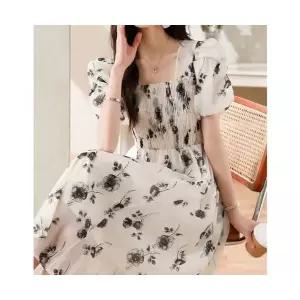 여자 원피스 쉬폰 프렌치 화이트 스퀘어넥 플라워 의 부드러운 미디엄 웨이스트업 원템5