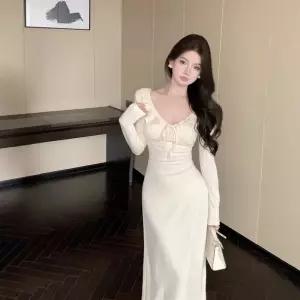 솔저스여성원피스 핑크 프릴 스트랩 브이넥 긴팔 원피스 가을 슬림핏 세미 롱 조임 힙 스커트 OPH3