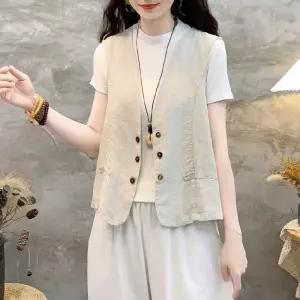 스파이더맨 여성용 여름 솔리드 아우터 리넨 루즈핏 카디건 민소매 OPH1