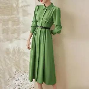 EAMT 여자 원피스 흰색 초록 슬림핏 셔링 셔츠 YJ1