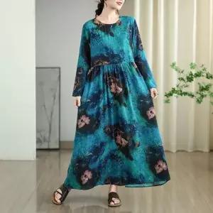 원피스 여자 가을 빈티지 초 꽃빛 바캉스룩 여행 라운드 롱스커트 면마 CH3