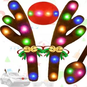 크리스마스 순록 앤틀러스 자동차 장식 키트 IP44 방수 LED 라이트 코 차량 징글벨 루돌프 SUV 밴 트럭