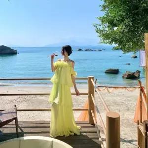 픽토 여성용 원피스 일자 롱스커트 드레스 바캉스 해변 생일 프렌치 어깨 쉬폰 젠1