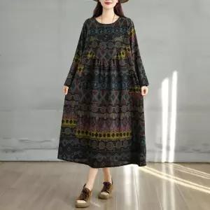 여친 원피스 빈티지 가을 면마 A라인 프린트 슬림핏 빅사이즈 OP3