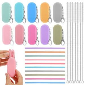 케이스 재사용 가능한 접이식 여행용 휴대용 빨대 긴 청소 브러시 열쇠고리 10가지 색상(클래식)이 포함된 실리콘 10세트