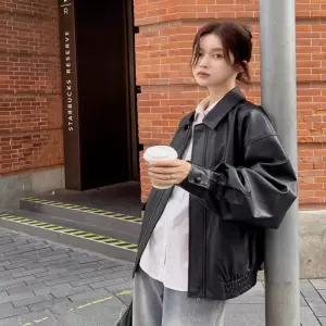 [베스트TOP100]여자 2컬러 오버 카라 집업 페이크 레더자켓 가죽점퍼