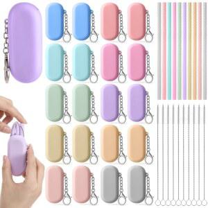 보후이즈 20 케이스 재사용 가능한 실리콘 접이식 여행용 휴대용 빨대 7.9인치 차갑거나 뜨거운 음료 20개의 긴 청소 브러시 열쇠고리 포함 세트