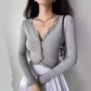 EAMT 여친 가을 롱루즈핏티 슬림 레이스 옆 브이넥 배색 긴팔 티 상의 숏 크롭 카디건 YJ3