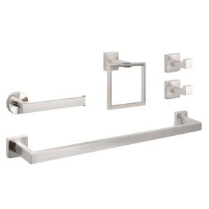 니어문 5피스 욕실 하드웨어 세트 304 스테인리스 스틸 사각 타월 랙 키트 - 24인치 막대 + 링 화장지 홀더 로브 후크 2개 벽걸이 악세사리(브러시드 니켈)