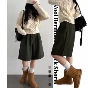 [하프클럽/이버유]겨울 버뮤다 연말 핀턱 울 모직반바지 버뮤다 하프 5부 팬츠 슬랙스 겨울 반바지