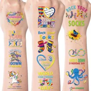 다운 증후군 인식 임시 문신 8매 200+ 블루 옐로우 리본 스티커 자선 공공 사회 기금 모금 이벤트 캠페인