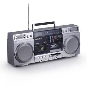 카세트 녹음 기능이 있는 aiwa 레트로 붐박스 CD 플레이어, 블루투스 5.0, FM /AM 라디오, USB /SD /AUX 입력, VU 미터, LCD 디스플레이, 듀얼 40W 스피커 - 실버