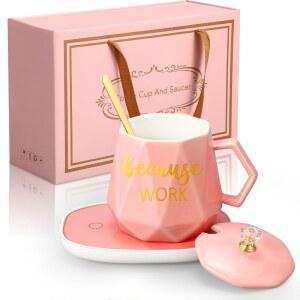 후시 크리스마스 레이디 선물 커피 머그 워머 여성용 13.5온스 컵 워머, 세트 전기차 워터 감사 히터, 뚜껑 숟가락 및 책상 사무실용 코스터 포함 (핑크)