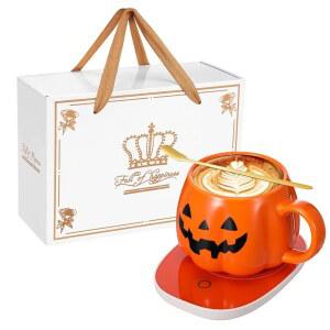 Yungyan 14oz 크리스마스 고스트 머그 세트 커피 워머와 전기 음료 워머 드링크 히터 여성 남성 데스크 오피스 홈 집들이 선물 할로윈 새해 생일 (오렌지, 펌킨)