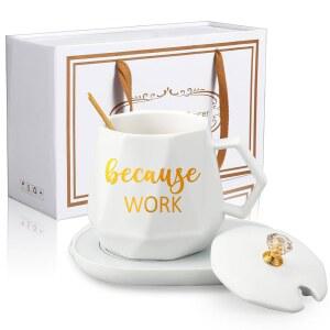 후시 크리스마스 레이디 선물 커피 머그 워머 여성용 13.5온스 컵 워머, 세트 화이트 전기차 워터 감사 히터, 뚜껑 숟가락 및 코스터 포함 데스크 오피스 홈용