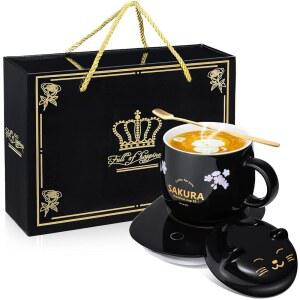 허니닥 커피 머그 워머 귀여운 고양이 세트 컵 엄마 홈 오피스 책상 발렌타인 데이 기념 생일 선물 (사쿠라, 블랙)