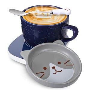 이이링 블루 캣 커피 머그 워머 세트 귀여운 머그잔 10온스와 뚜껑 스푼 전기 컵 히터 겨울 여성 엄마 할머니 선생님 홈 오피스 발렌타인데이 생일 선물