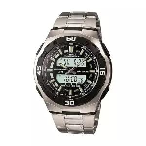 카시오 AQ-164WD-1A 듀얼타임 남성 아나디지 메탈 손목 시계