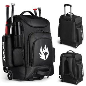 SPARKFLY 롤링 야구 가방, 숨겨진 배낭 끈이 달린 바퀴 배트 슬리브 4개, 음료 포켓 2개, 신발 수납 공간 내구성 장비 소프트볼 가방