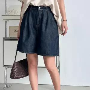 여자 진청 4부 핀턱 논페이드 자수 넓은 반바지 (37561450A)