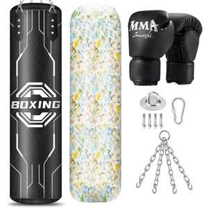 충전 펀칭백, 11파운드 스펀지 필러 및 12온스 복싱 글러브가 포함된 4피트 PU 가죽 걸이 복싱백, MMA 훈련 가라테 킥복싱을 위한 무거운 킥백 장비