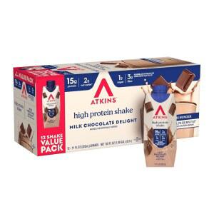 앳킨스 밀크 초콜릿 딜라이트 고단백 쉐이크, 단백질 15g, 순 탄수화물 2g, 설탕 1g, 케토 , 맛 12 카운트