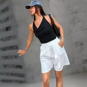 여성 4부 다크 뒷밴드 투핀턱 SS 넓은 반바지 (38038799A)