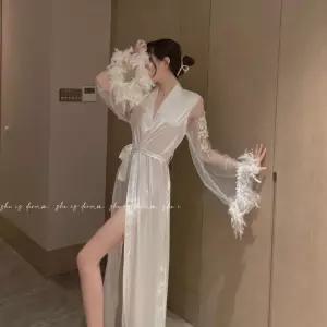 여신컨셉 롱슬립 깃털 여성스러운 시스루 우아한 란제리 웨딩 자수 속옷 섹시 바디프로필