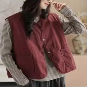 솜브레로스 여자 캐주얼 빈티지 민소매 싱글 솔리드 조끼 라운드 다운 나시 DOS1