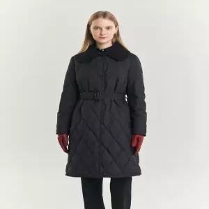 헤지스 여성 24FW [구스다운] 블랙 다이아퀼팅 탈착 카라 롱 중량다운 점퍼 HSJU4D908BK