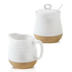 티쿠에르 세라믹 설탕 및 크리머 용기 세트 3,10온스 크림 피처, 뚜껑과 숟가락이 포함된 11온스 설탕 그릇, 서빙용 팜하우스 커피 바 액세서리 세트, 전자레인지 및 식기세척기 안전, 화이트