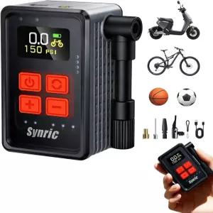 Synric 미니 자전거 타이어 펌프 게이지 자동 정지 기능이 있는 150PSI 고속 팽창 프레스타 및 슈레이더