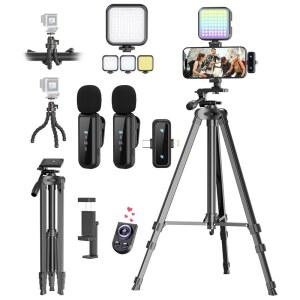 / Android용 브이로그 키트 무선마이크 포함 유튜브 스타터 카메라 삼각대 유연 RGB 채우기 조명 틱톡 비디오 녹화용 콘텐츠 크리에이터 필수