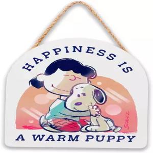땅콩 스누피와 루시 해피니스는 따뜻한 강아지 매달린 나무 벽 장식 - 귀여운 스누피 집 간판입니다