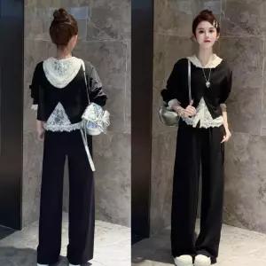 세군다 여자 정장세트 블랙 트임 맨투맨 세트 후드 레이스 조끼 캐주얼 와이드 바지 3종 DOS1