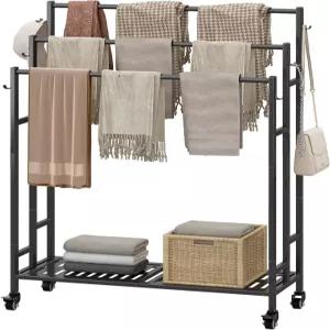 소르세다스 타월 랙 3단 프리 스탠딩 메탈 스탠드 수납 선반 및 바퀴 포함 초대형 담요 건조 (블랙)