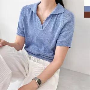 [하프클럽/다잇템_패션]여자 SS 반소매 쿨링 오픈 카라 니트티셔츠