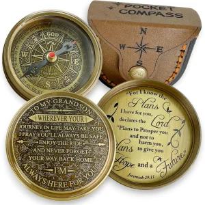 손자를 위한 선물 할아버지의 황동 수제 나침반 디어 할머니의 손자 생일 세례 확인 사랑 크리스마스 트리