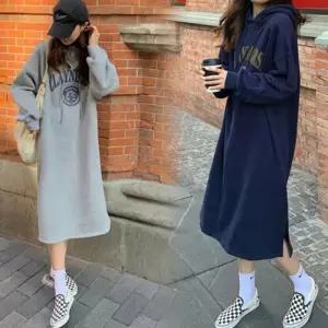 ONM 겨울 오버핏 스타일 기모 후드 롱 원피스 루즈핏 옆트