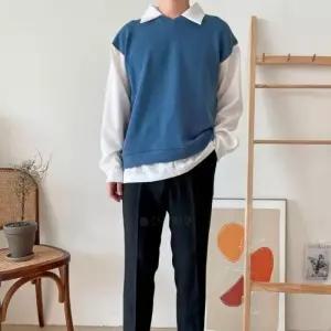 [옷자락]남자 드롭숄더 레이어드 V넥 카라 골지 긴팔 티셔츠