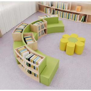 학교 유치원 및 도서관 독서 공간을 위한 곡선형 창의적 소파와 책장 조합