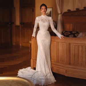 QICHE 보헤미안 레이스 롱 슬리브리스 머메이드 웨딩 드레스 여성용 2026 하이 칼라 오픈 백 스윕 트레인 로브 드 마리에 맞춤 제작