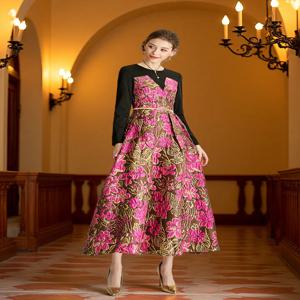 우아한 여성용 롱 맥시 자카드 원피스, 뉴 파티 이브닝 스플라이스 용수철, 가을 빈티지 플로럴 볼 가운