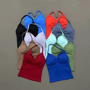 여성용 짐 스포츠 탑 심리스 요가 탱크 탈부착 가능한 패드 포함 브이넥 스포츠 민소매 탑 스포츠 러닝 피트니스 조끼