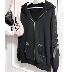 하라주쿠 후드티 자켓 여성 의류 귀여운 토끼 귀 Y2k 코트 Roapa Mujer 캐주얼 패션 붕대 레이스 오버사이즈 스웨트셔츠