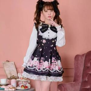 일본 카와이 라인스톤 보우 드레스 세트 여성용 스윗 큐트 로리타 스타일 레이스 펄 프린트 셔츠 드레스 고딕 Y2K 티 파티 드레스