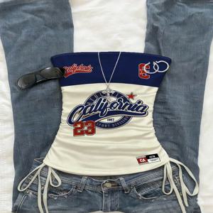 크롭탑, 여성용 여름 드로스트링 타이 프론트 컷어웨이 테이퍼드 탱크탑, 패셔너블 리조트핏 스포티 프린트 스트래피 탑